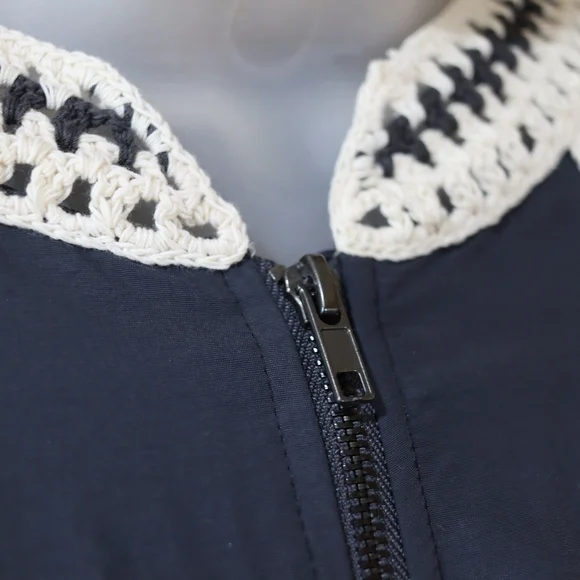 Free People Navy Blue Crochet Trim Zip Front Cropped Bomber Jacket Medium - Picture 5 of 16